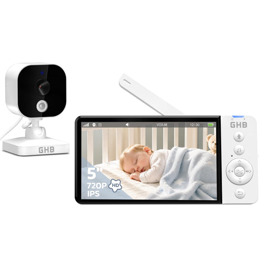 Baby monitors ar kameru GHB, 5 collu IPS displejs, 720P, manuāli grozāma
