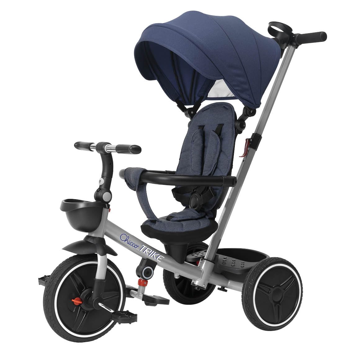 Chicco 4in1 trīsritenis ar metāla rāmi, EVA gumijas riteņiem, 4 punktu drošības jostu, teleskopisku rokturi un noņemamu jumtiņu, ratiņi ar grozāmu sēdekli, grozs, no 6 mēnešiem līdz 5 gadiem