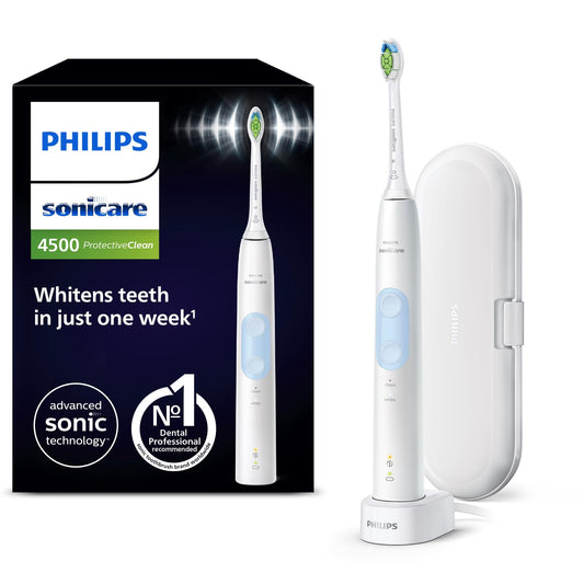 Philips Sonicare ProtectiveClean 4500 elektriskā zobu birste, skaņas zobu birste ar 2 tīrīšanas režīmiem, Clean un White, spiediena sensors, taimeris un ceļojumu futrālis, balta, modelis HX6839/28