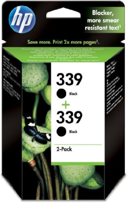 HP 339 Black Ink Cartridges - High-quality black ink, 20-80% yield, temperature range -15-35°C, humidity 5-95%.