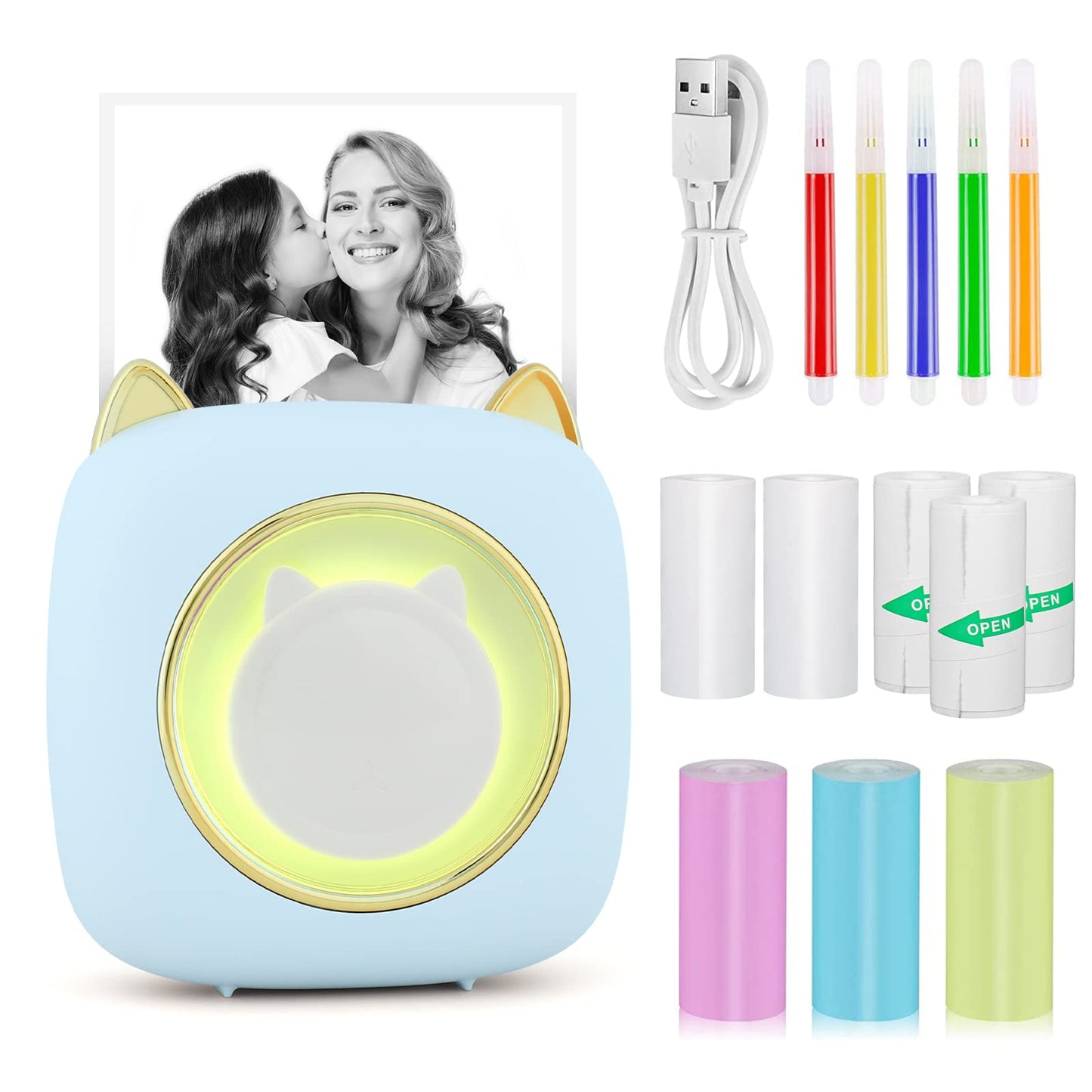 Mini printeris GuKKK, mobilais foto printeris, pārnēsājams mini ar septiņu krāsu LED, bezvadu termoprinteris, viedtālruņa Bluetooth printeris, mācībām, piezīmēm, dienasgrāmatai, zils
