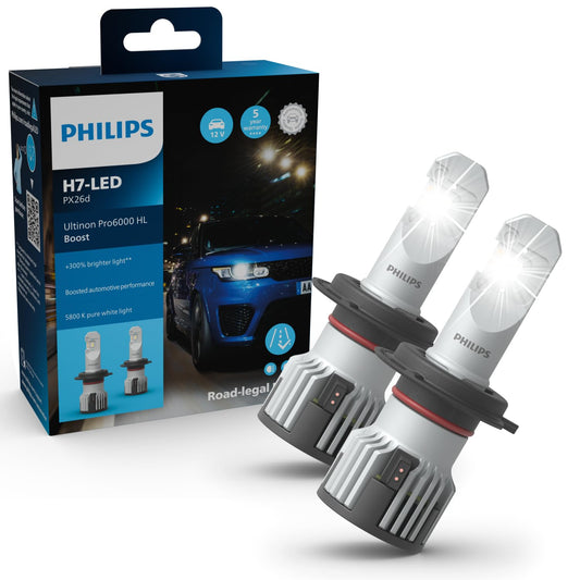 Philips Ultinon Pro6000 Boost H7-LED prožektoru spuldze ar ceļu atļauju*, 300% spilgtāka gaisma**, sudraba