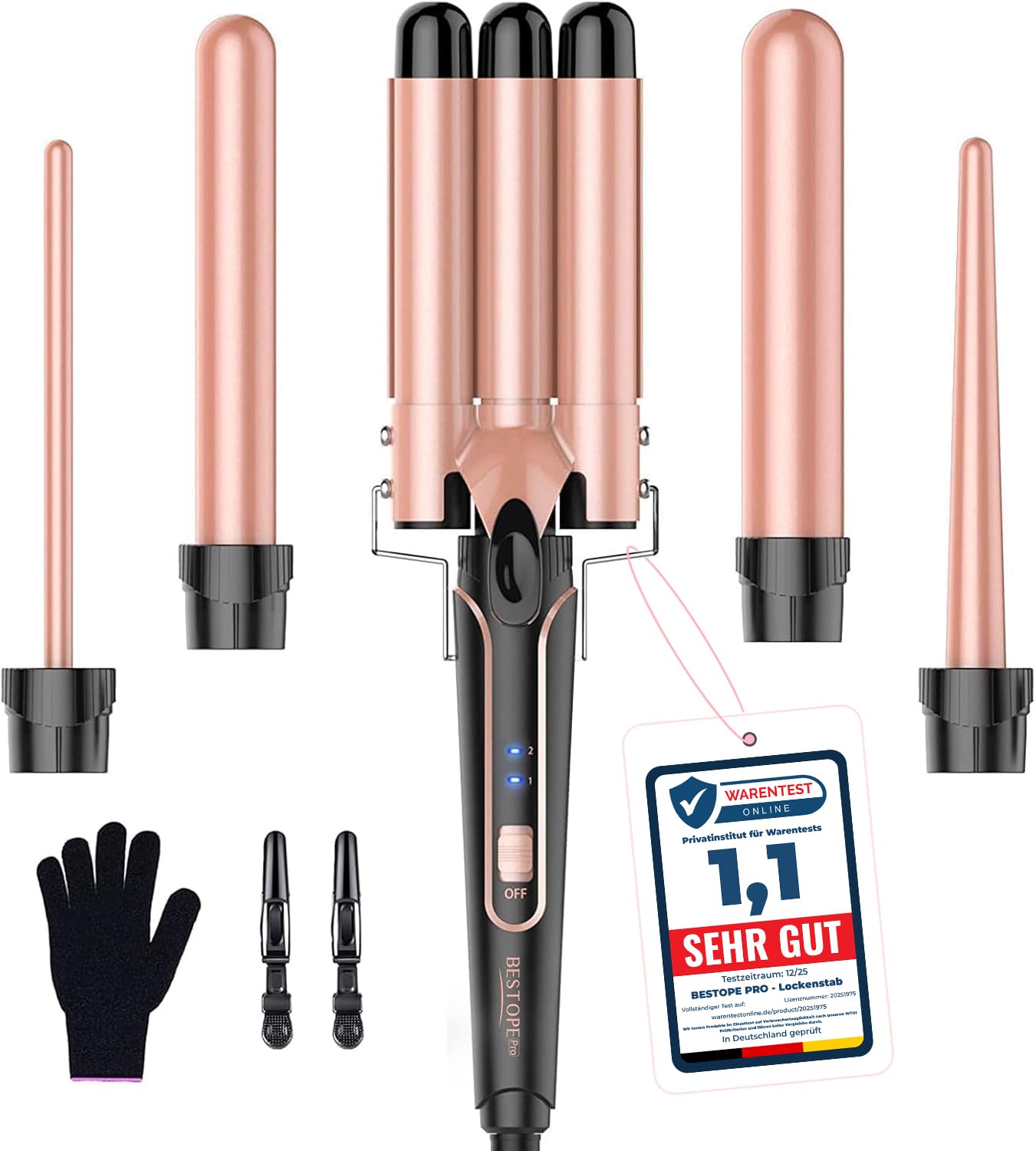 BESTOPE PRO Lokšķēres 3 cilindriem 5 in 1 – Lokšķēru komplekts 3 cilindriem lielām viļņiem, temperatūras regulēšana, ātra sildīšana un cimdi, 2 klipi, rozā zelta