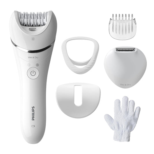 Philips Epilatoru sērija 8000, bezvadu mitrais un sausais epilators kājām un ķermenim, matu noņemšanas ierīce ar 6 piederumiem, modelis BRE715/00