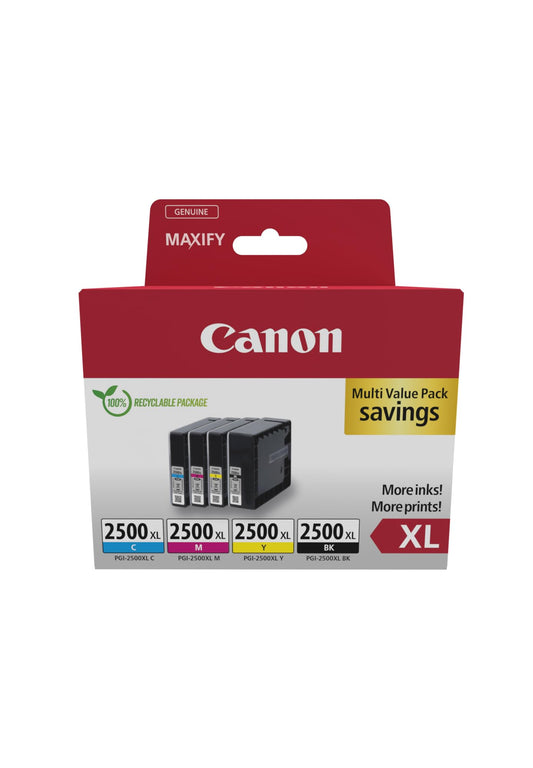 Canon PGI-2500 XL Ink Cartridge Set - High-capacity black, cyan, magenta, yellow, eco-friendly recyclable packaging 2024