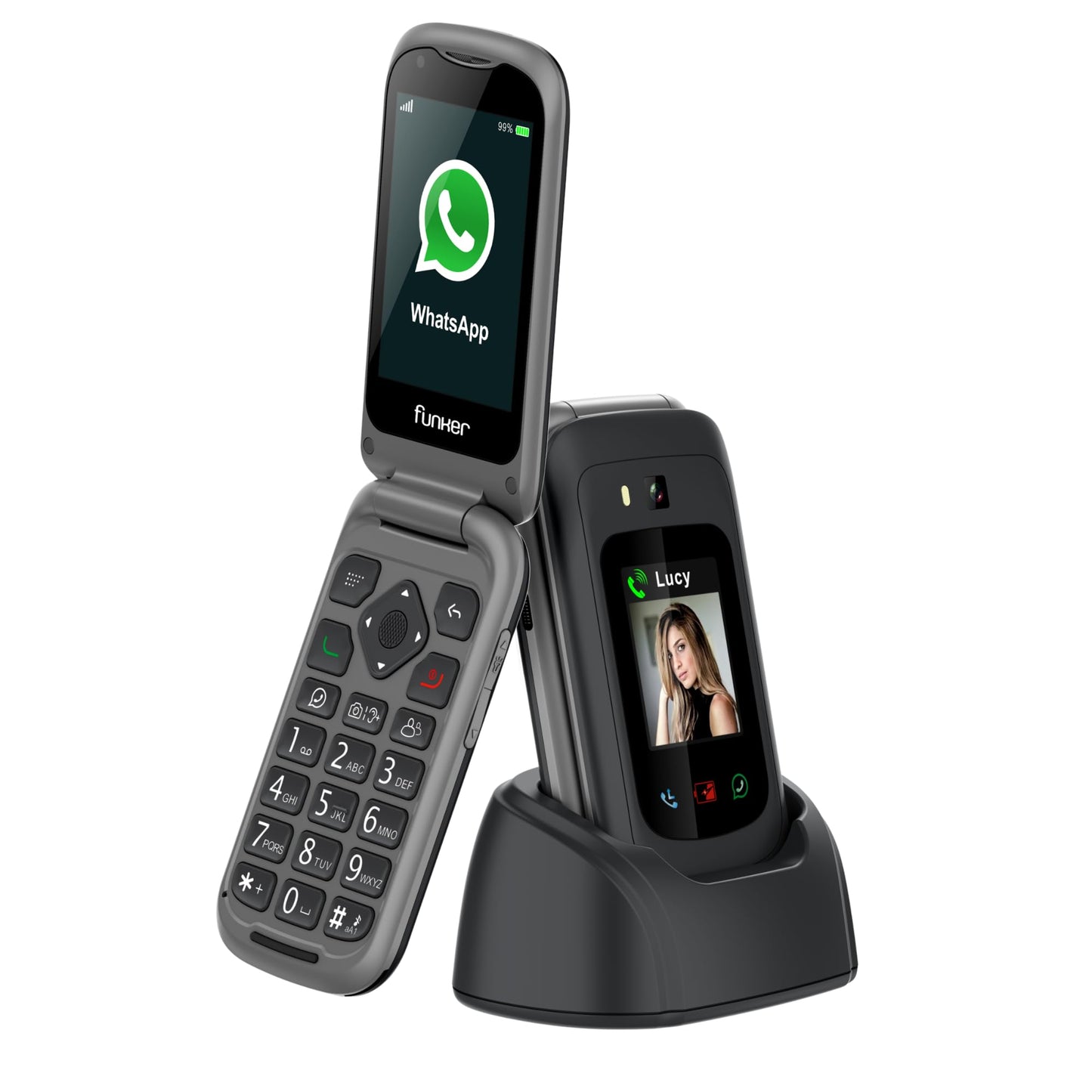 Senioru telefons Funker E480 4G ar WhatsApp un videozvaniem, SOS un GPS poga, lielas pogas, 7,1 cm (2,8 collas) skārienekrāns, skaļa skaņa, vienkārši lietojams atlokāms telefons, melns