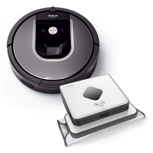 iRobot Roomba 960 - putekļsūcējs ar viedajām funkcijām un Braava 390T tīrīšanas robots komplektā.