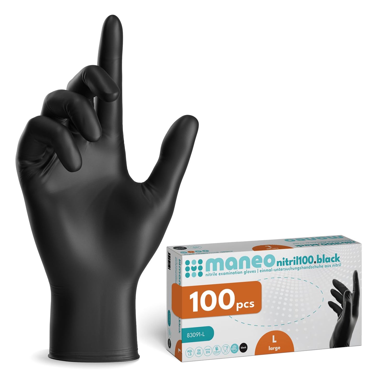 maneo 100x vienreizlietojami nitrila cimdi melni, bez pūdera L