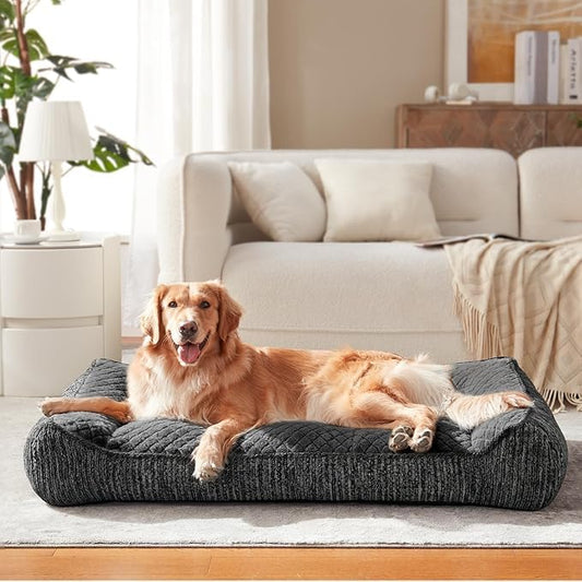 Ortopēdiska suņu gulta lieliem suņiem JOEJOY, ergonomiska, mazgājama, ar noņemamu pārvalku, neslīdoša suņu sofa ar paaugstinātu malu, mīksts sniegpārslu flīss, 107x76x24cm