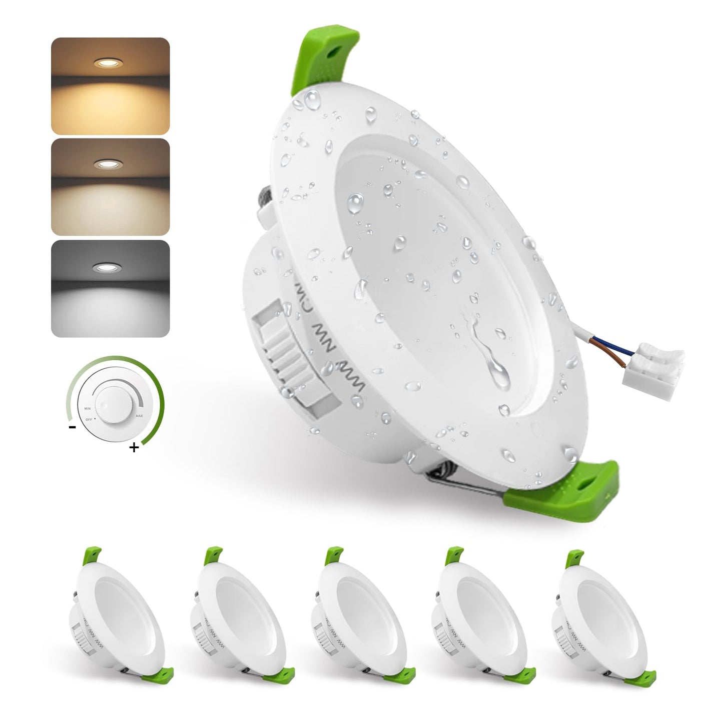 GY TÜV Rheinland sertificēts LED iebūvējamais prožektors, energoefektivitātes klase B, 4.5W 230V, dimmējams, 708 Lumen, IP44, 3CCT 3000K/4000K/6500K, 6 gab. komplekts