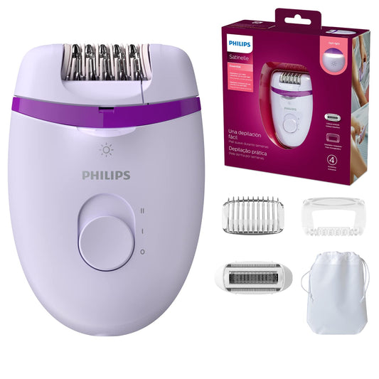 Philips Satinelle Essential Compact Epilierer BRE275/00 - Epilēšana viegli, gluda āda nedēļām ilgi, kājām un jutīgām vietām, ar Opti-Light, iekļauti 4 piederumi, violets