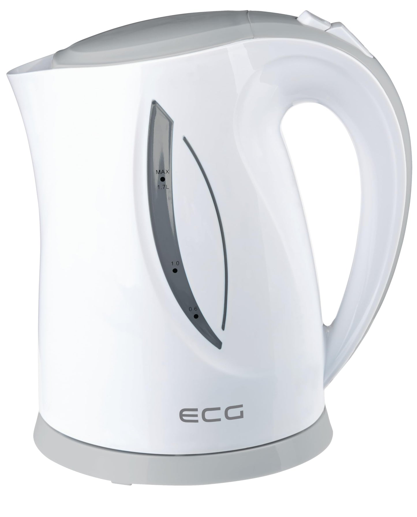 ECG RK 1758 Kettle - 1.7 liters, gray and white, durable plastic, stylish design for modern kitchens.