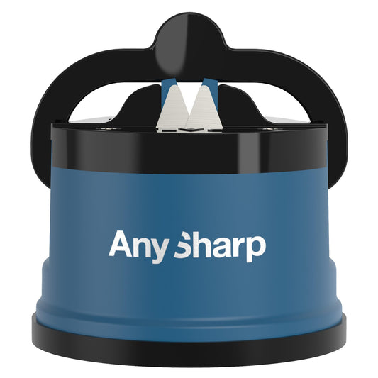 AnySharp nažu asinātājs, brīvroku drošība, PowerGrip piesūcekņi, droša asošana visiem virtuves nažiem, ideāli piemērots cietajam tēraudam un viļņotajam griezumam, pasaulē labākā kvalitāte, kompakts, zils