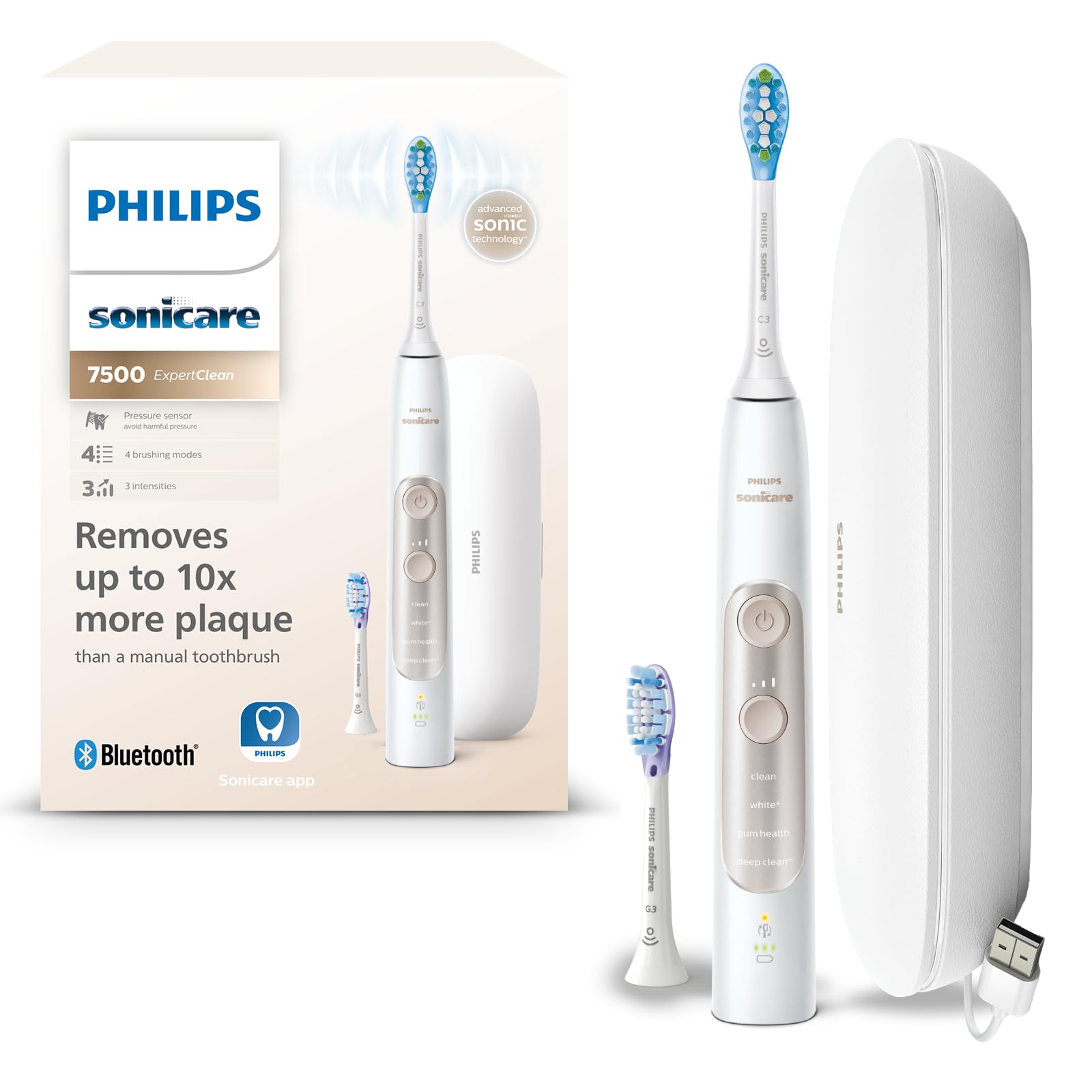 Philips Sonicare ExpertClean 7500 elektriskā zobu birste, skaņas zobu birste ar lietotni, 4 tīrīšanas režīmi un 3 intensitātes līmeņi, spiediena sensors, ceļojumu futrālis, balta-zelta, modelis HX9691/02