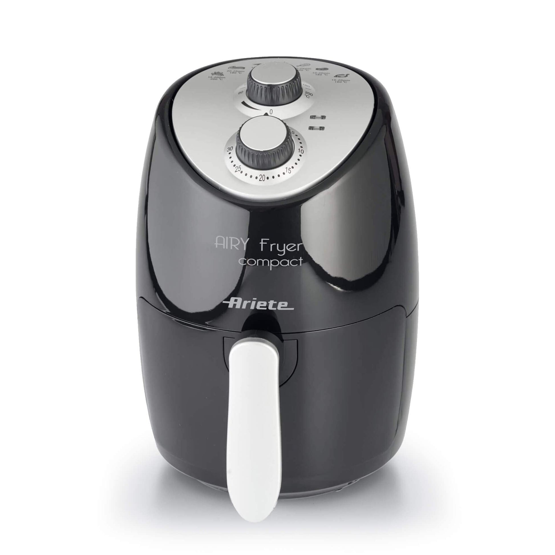 Ariete 4617 Airy Fryer Compact - 2L capacity, 1000W power, max temperature 200°C, sleek black design.