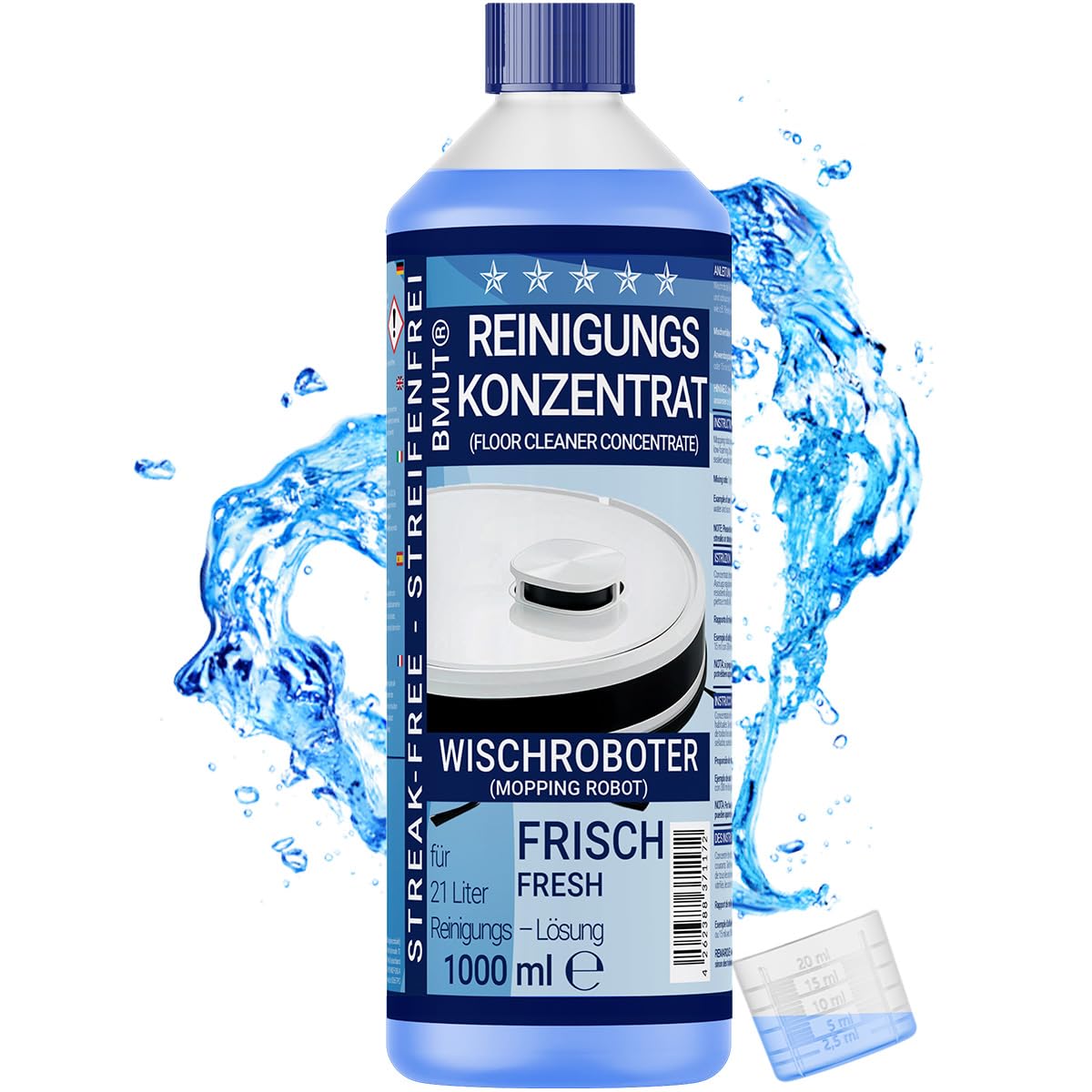 Mopēšanas robota tīrīšanas līdzekļa koncentrāts 1x 1000ml, īpaši svaigs aromāts, bez svītrām un ar zemu putošanu, ar dozēšanas krūzīti