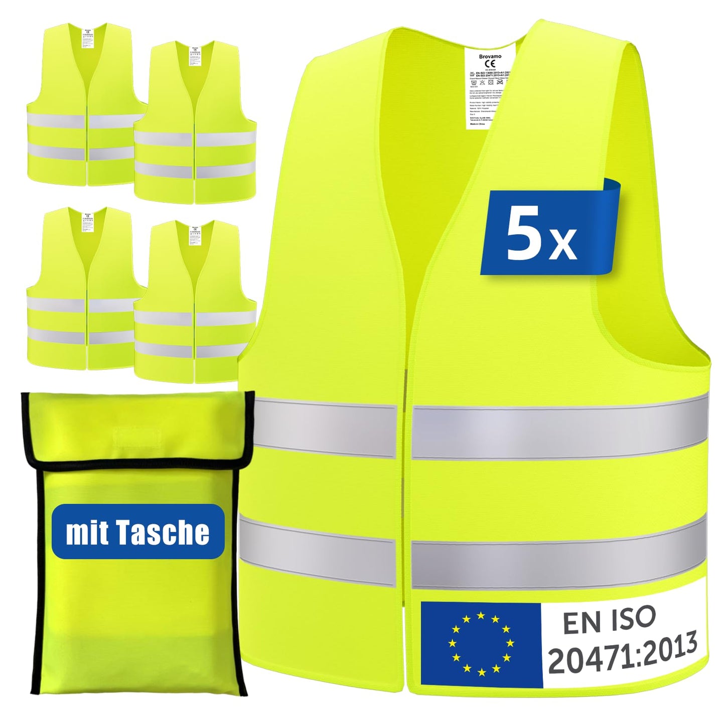 Brovamo drošības vestes auto 5 gab. – visā Eiropā derīgas saskaņā ar EN ISO 20471 – brīdinājuma veste auto, visiem izmēriem, bērniem, drošības veste