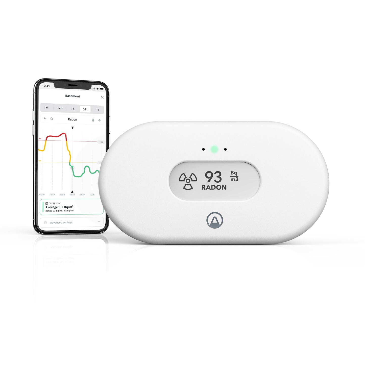 Airthings View Radon 2989 - Wi-Fi indoor air quality monitor for radon, temperature, humidity with hub functionality and Calm Tech display.
