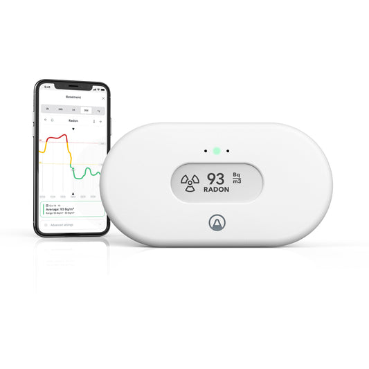 Airthings View Radon 2989 - Wi-Fi indoor air quality monitor for radon, temperature, humidity with hub functionality and Calm Tech display.