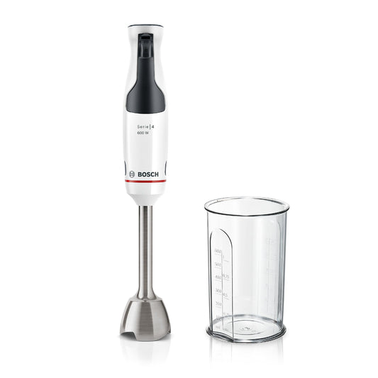 Bosch Stabmixer ErgoMaster sērija 4 MSM4W210, vienkārši lietojams ar vienu roku, nerūsējošā tērauda asmeņi, nodilumizturīga keramikas savienojums, maisīšanas trauks, QuattroBlade, pretizsmidzināšanas funkcija, ieslēgšanas bloķēšana, 600 W, balts