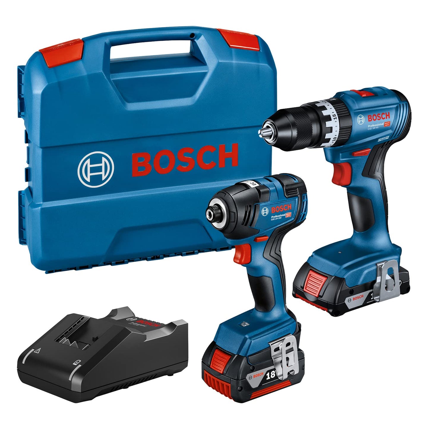 Bosch Professional 18V sistēmas komplekts - trieciena skrūvgriezis GDR 18V-200, urbjmašīna GSB 18V-45, 2.0Ah un 4.0Ah akumulatori.