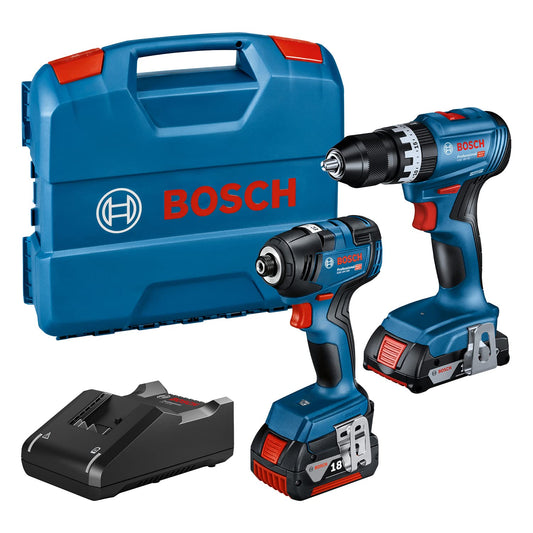 Bosch Professional 18V sistēmas komplekts - trieciena skrūvgriezis GDR 18V-200, urbjmašīna GSB 18V-45, 2.0Ah un 4.0Ah akumulatori.