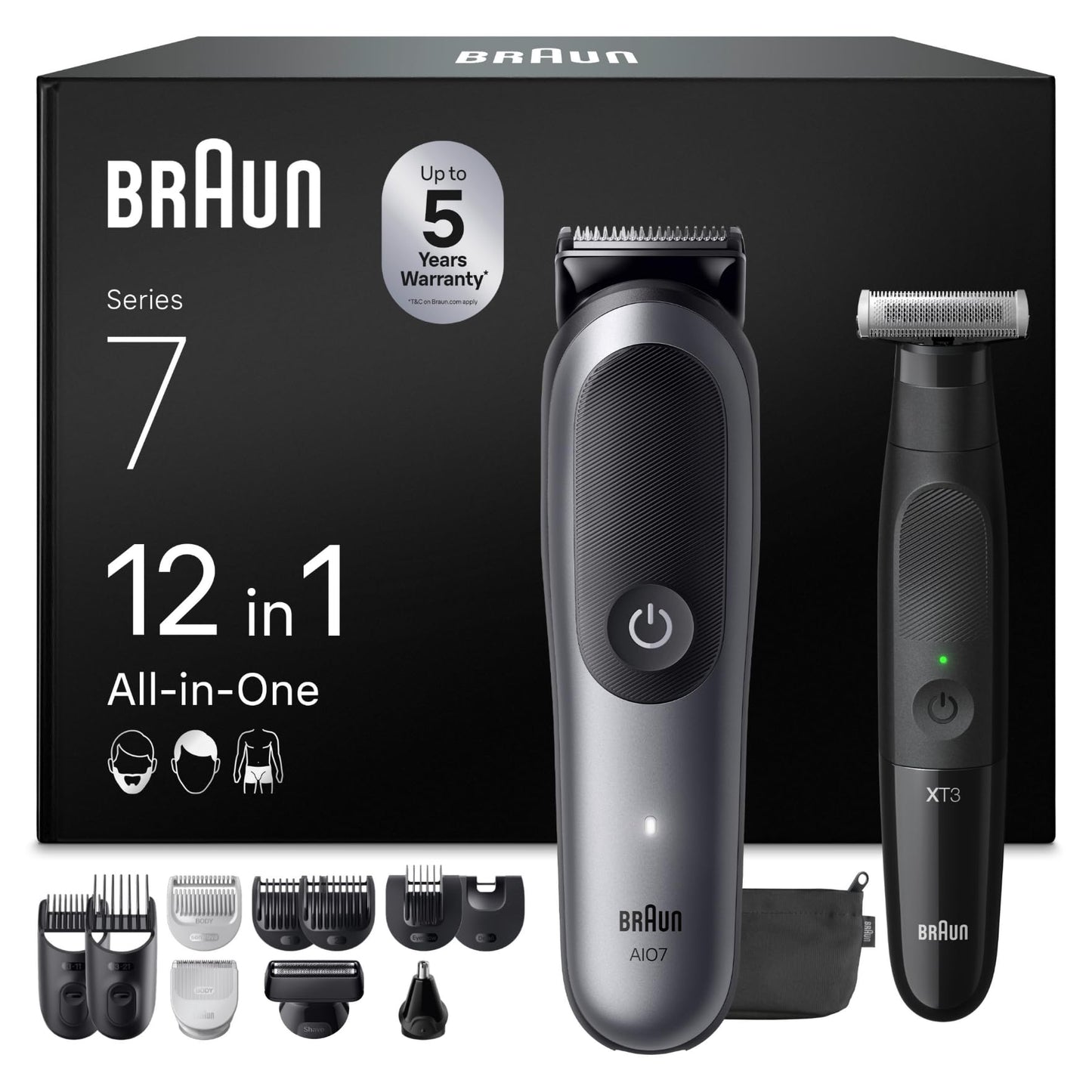 Trimmeris Braun Bundle with All-in-One Series 7, 12-in-1 Multigroom galvai un ķermenim, 120 min akumulators, 14 garumi (3–21 mm), ūdensizturīgs, AIO7545, pelēks + Series XT3 sejai un ķermenim, ūdensizturīgs, XT3200, melns
