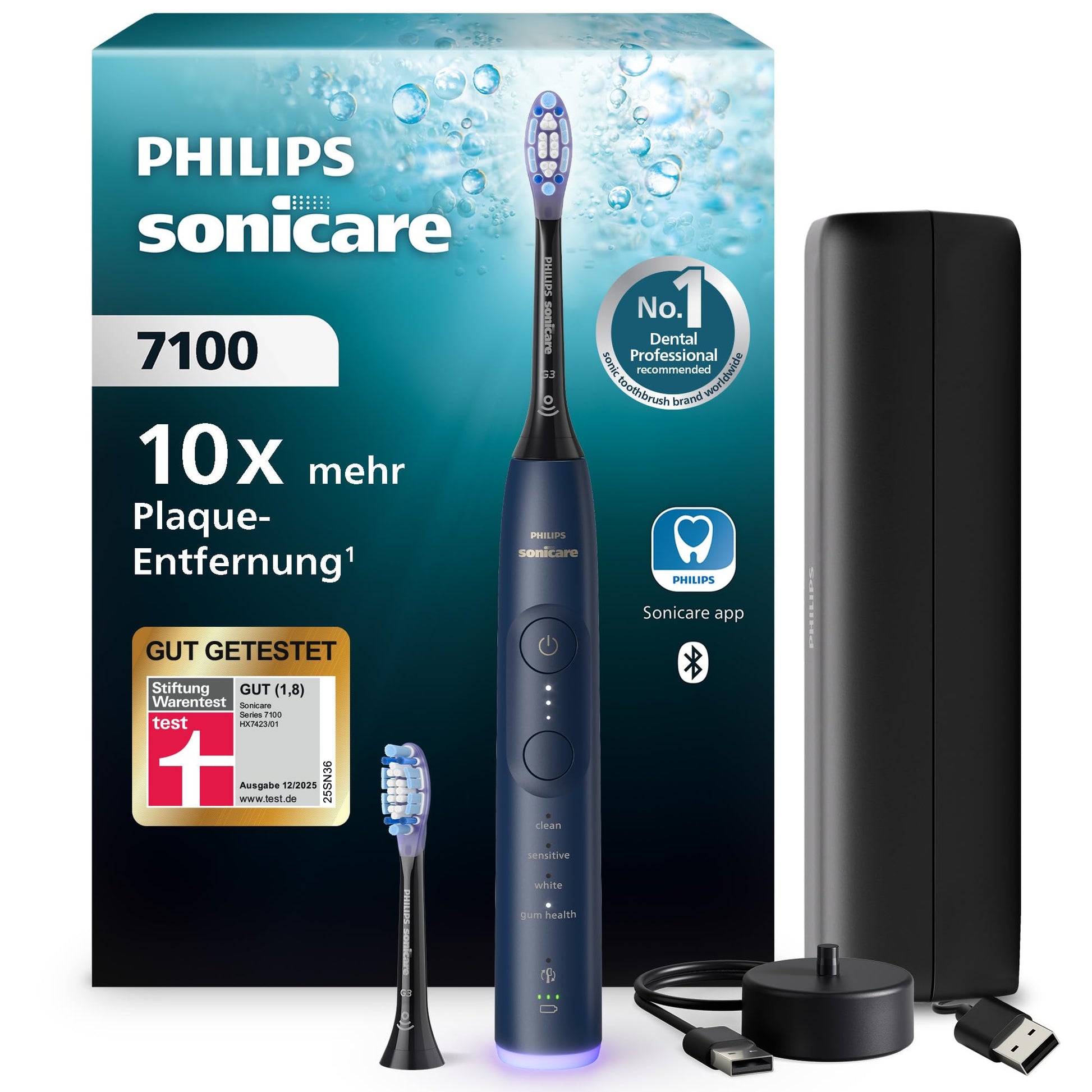 Philips Sonicare 7100 elektriskā zobu birste, skaņas zobu birste ar lietotni, 4 tīrīšanas režīmi, 3 intensitātes līmeņi, spiediena kontrole, EasyStart, SmarTimer, jūras zila, modelis HX7423/01 [Jauna tehnoloģija]
