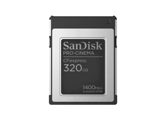 SanDisk PRO-CINEMA CFexpress-Type-B 320GB - 8K recording, 1,700 MB/s read speed, drop-resistant up to 1 meter.