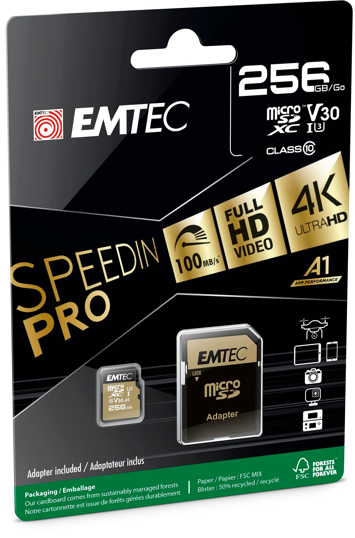 EMTEC SD Karte 256GB SDXC - CLASS10, Speedin V30, A1, 4K adapter included