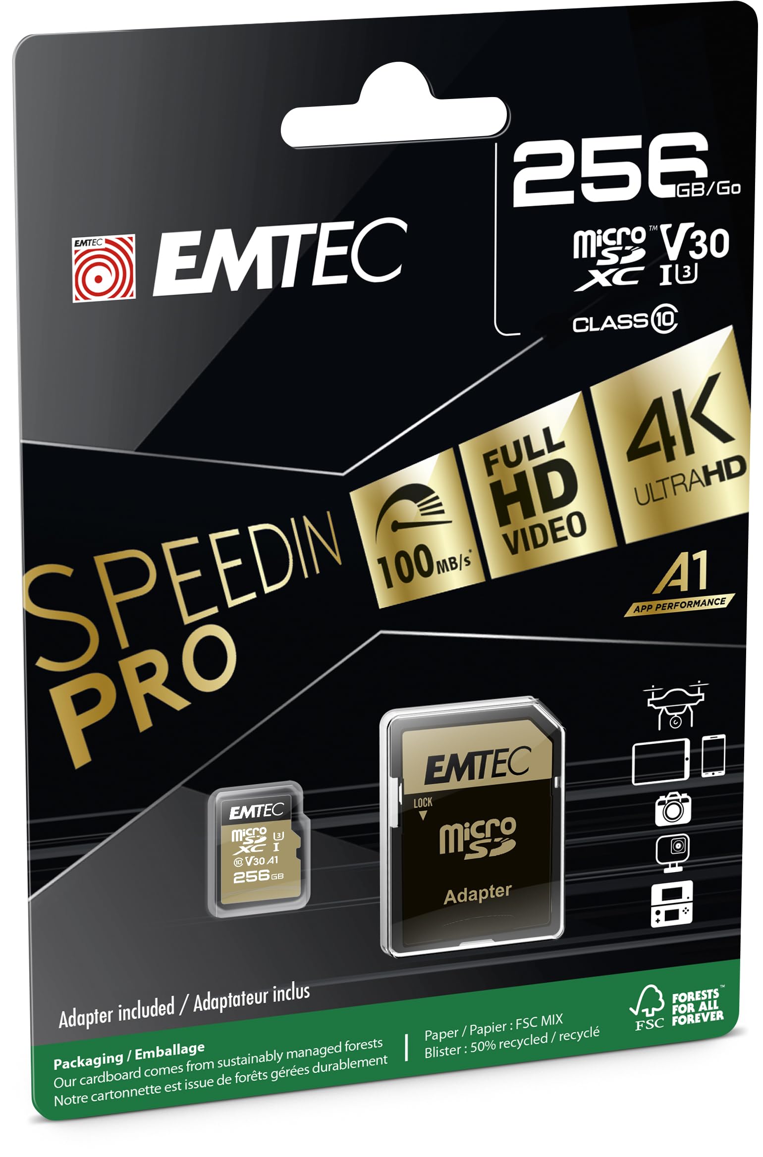 EMTEC SD Karte 256GB SDXC - CLASS10, Speedin V30, A1, 4K adapter included