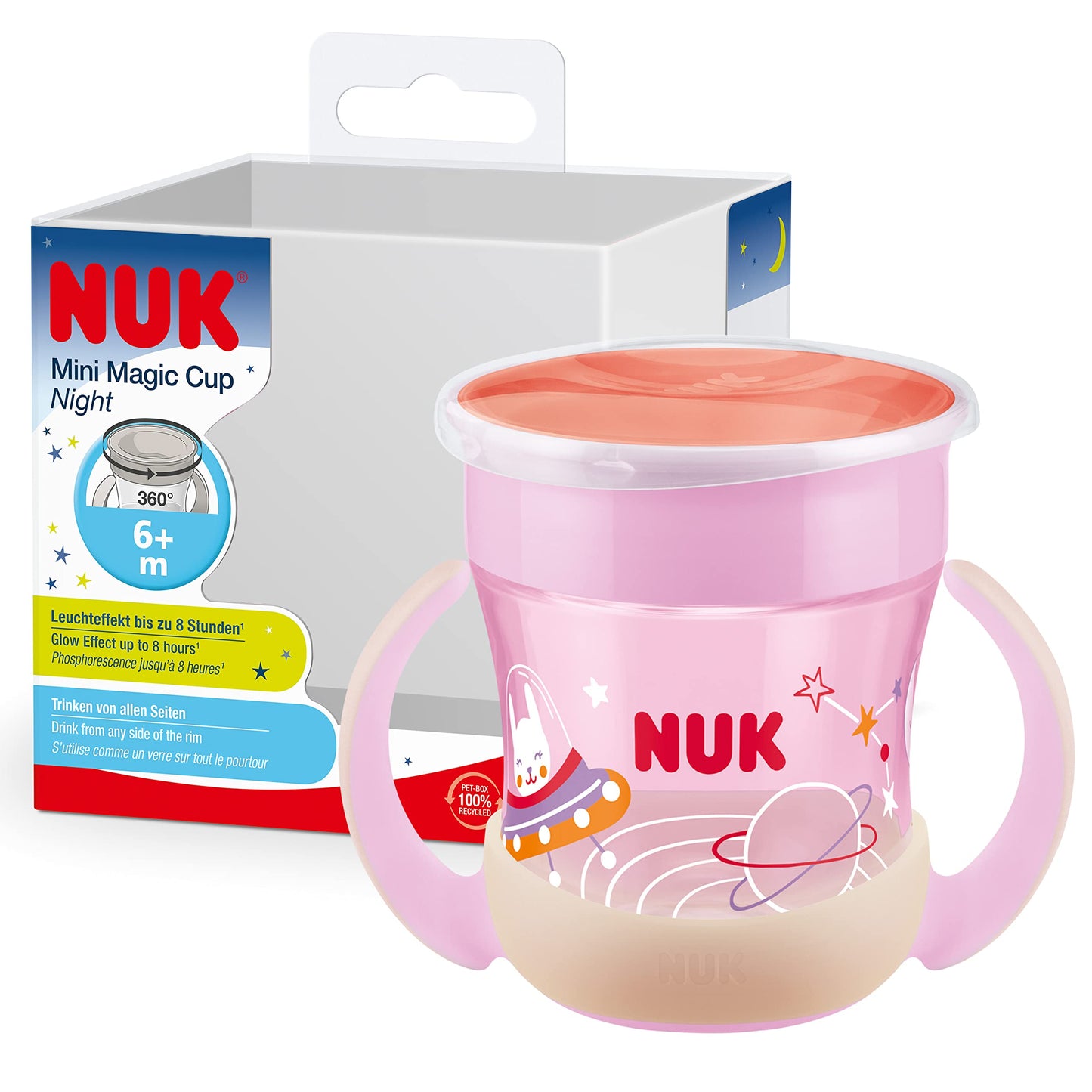 NUK Mini Magic Cup Night mācību krūze | 6+ mēneši | 160 ml | 360° pretizlīšanas mala | spīd tumsā | ērti satverami rokturi | mazgājama | Pink
