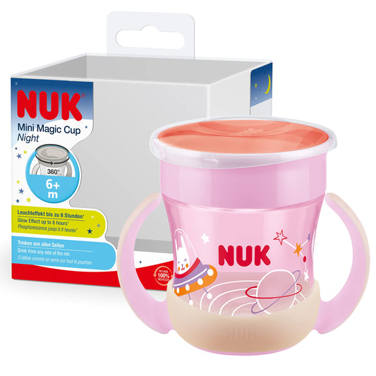 NUK Mini Magic Cup Night mācību krūze | 6+ mēneši | 160 ml | 360° pretizlīšanas mala | spīd tumsā | ērti satverami rokturi | mazgājama | Pink