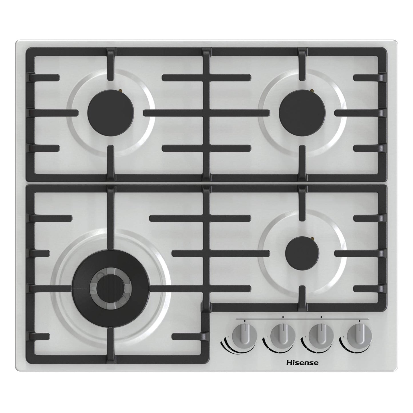 Hisense GM663XB gāzes plīts, 4 gatavošanas vietas, platums 60 cm, divkronu wok degļi un čuguna grili, integrēta aizdedze, pretpirkstu nospiedumu nerūsējošais tērauds
