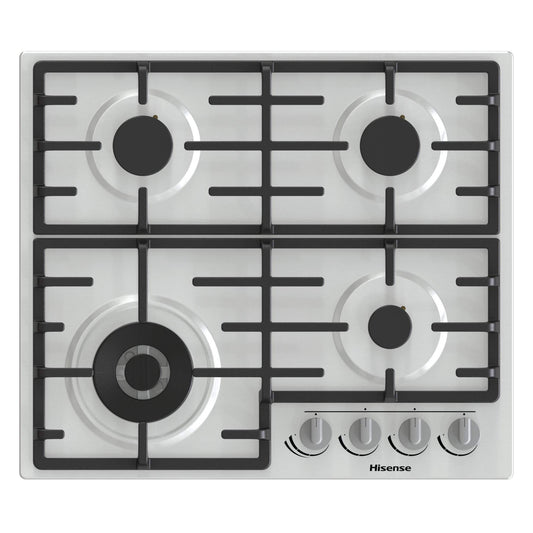 Hisense GM663XB gāzes plīts, 4 gatavošanas vietas, platums 60 cm, divkronu wok degļi un čuguna grili, integrēta aizdedze, pretpirkstu nospiedumu nerūsējošais tērauds