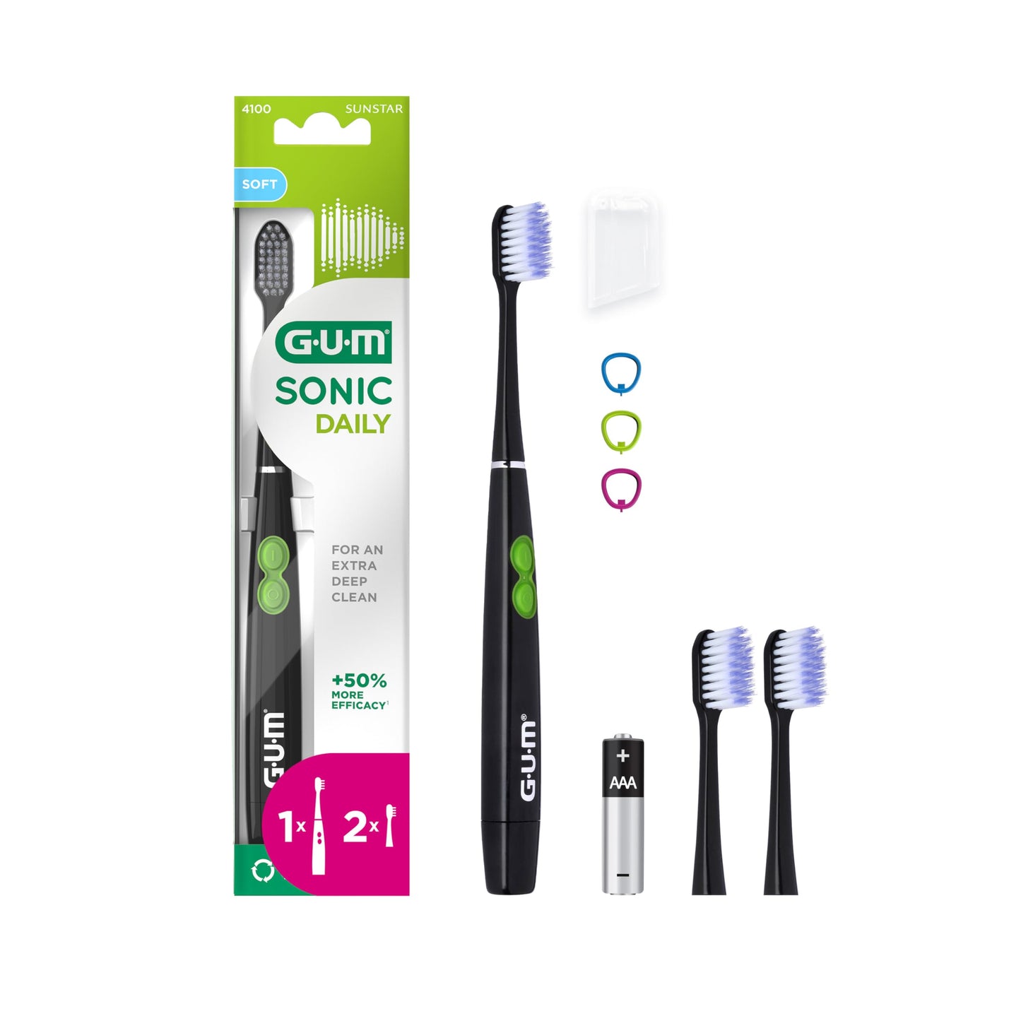 Bateriju elektriskā skaņas zobu suka GUM SONIC DAILY, īpaši piemērota ceļojumiem, saudzīgai un rūpīgai tīrīšanai, 1 zobu suka, 2 rezerves uzgaļi, 1 baterija, melna