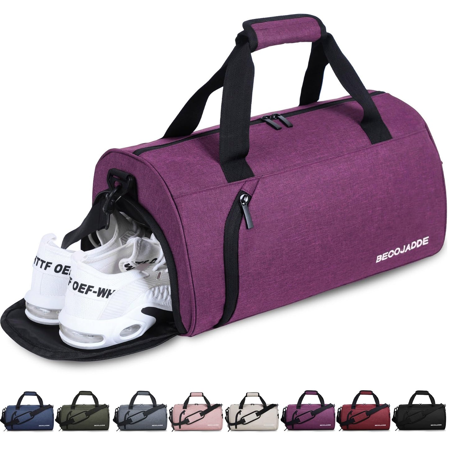 BECOJADDE sporta soma sievietēm un vīriešiem, 25L ceļojumu soma, duffel bag, nakšņošanas soma ar apavu nodalījumu un mitro nodalījumu, ūdensizturīga rokas bagāžas soma sportam, fitnesa zālei, peldēšanai, violeta