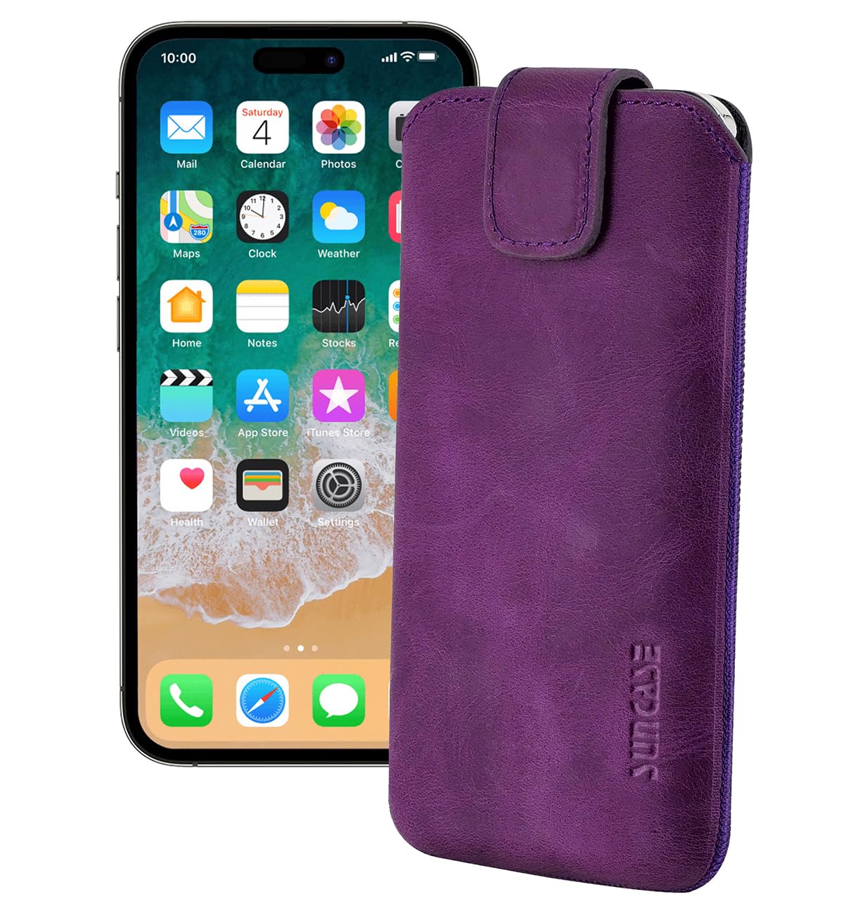iPhone 16 Pro (6,3 collas) ādas maciņš Suncase ECHT Ledertasche Slim-Edition antikviolets ar izvelkamu funkciju un magnētisko aizdari