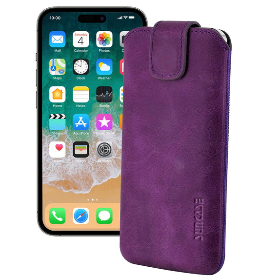 iPhone 16 Pro (6,3 collas) ādas maciņš Suncase ECHT Ledertasche Slim-Edition antikviolets ar izvelkamu funkciju un magnētisko aizdari