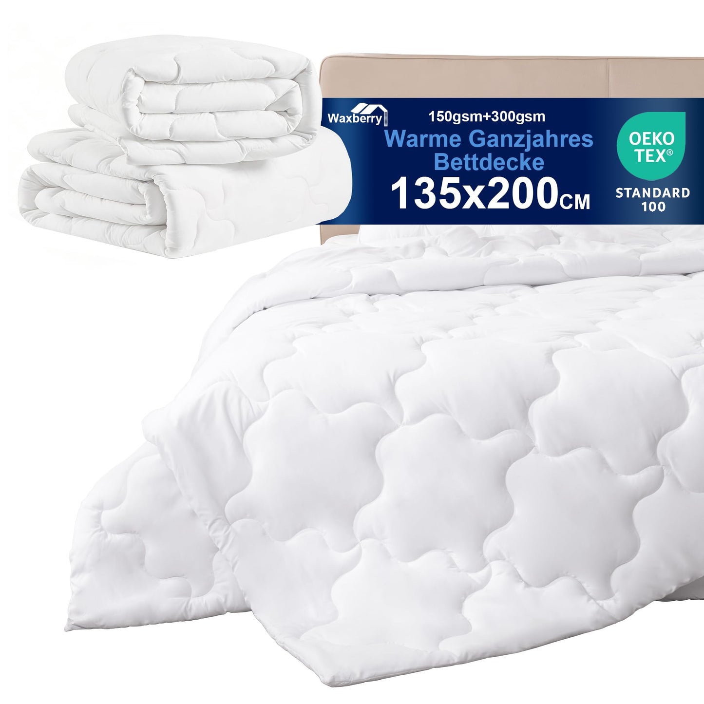Waxberry 4 sezonu gultas sega 135x200, 2 daļīgs komplekts - ziemas sega 450gsm - vissezonas sega 300gsm + vasaras sega 150gsm, mīksta stepēta sega, mazgājama, pretalerģiska, balta