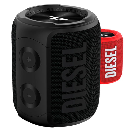 Dīzeļa bezvadu skaļrunis, portatīvais skaļrunis IPX7 Bluetooth 5.0 ūdensizturīgs ar basu pastiprinājumu, 14 stundu atskaņošana, stereo savienojums, mikrofons, noņemams rokturis, melns logo uz melna.