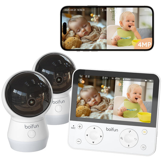 Video aukle BOIFUN 4MP ar Wi-Fi, 2 kameras, 5.5" HD displejs, lietotnes vadība un naktsgaisma