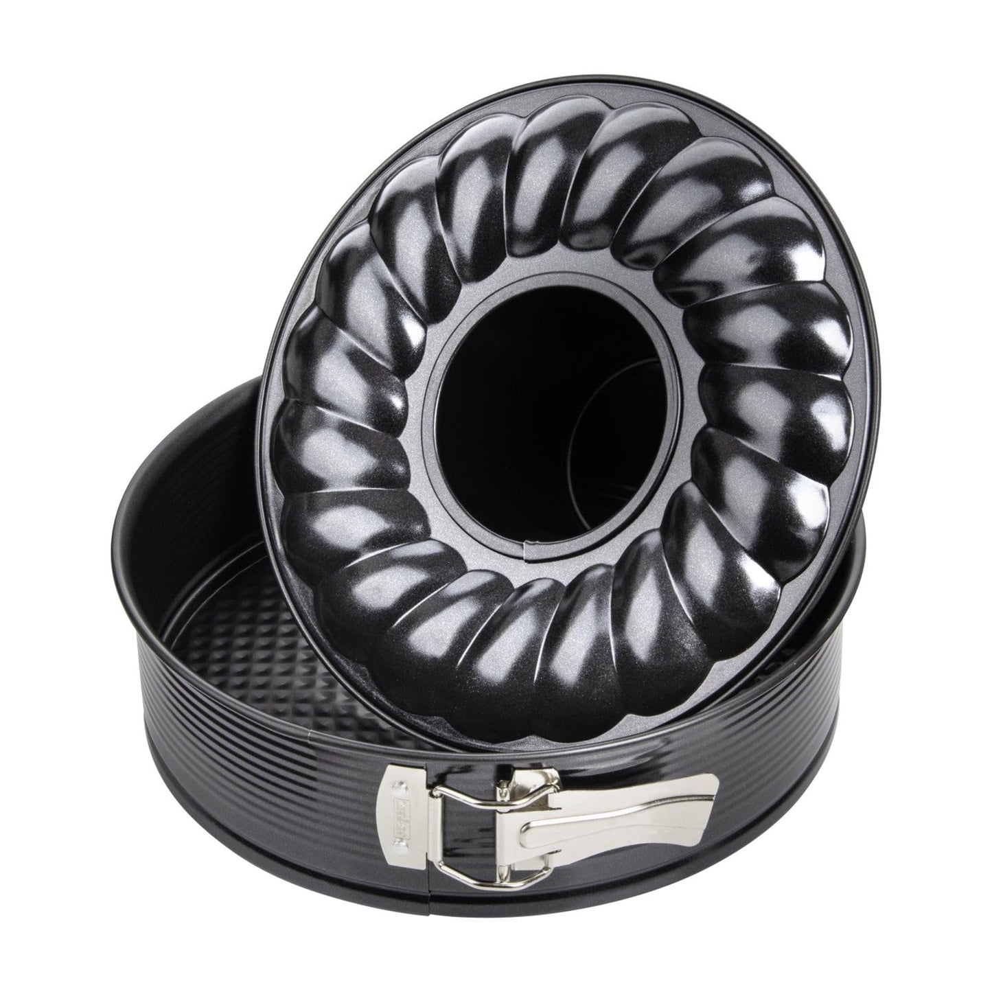 Zenker cepamforma ar plakanu un cauruļveida pamatni Ø 28 cm BLACK METALLIC, cepšanas forma ar nepiedegošu pārklājumu, apaļš kūku formu komplekts ar 2 pamatnēm (krāsa: melna), daudzums: 1 gab.