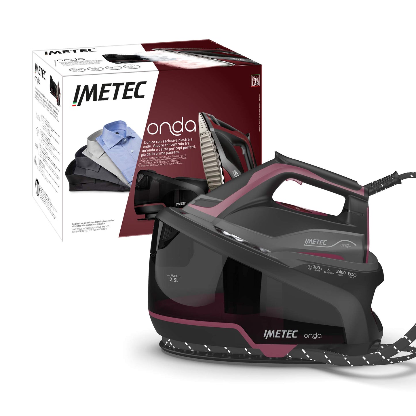 Imetec Onda P2 - 2400 W steam ironing station, 300 g steam boost, 2.5 L tank, patented sliding wave plate, triple anti-scale protection.