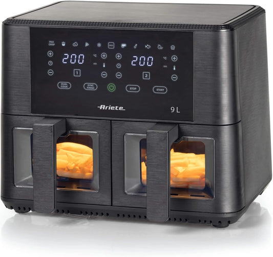 Ariete 4631 dubultā gaisa fritieris - 9L, 2400W, 11 programmas, līdz 3,6 kg, temperatūra līdz 200°C, melns.