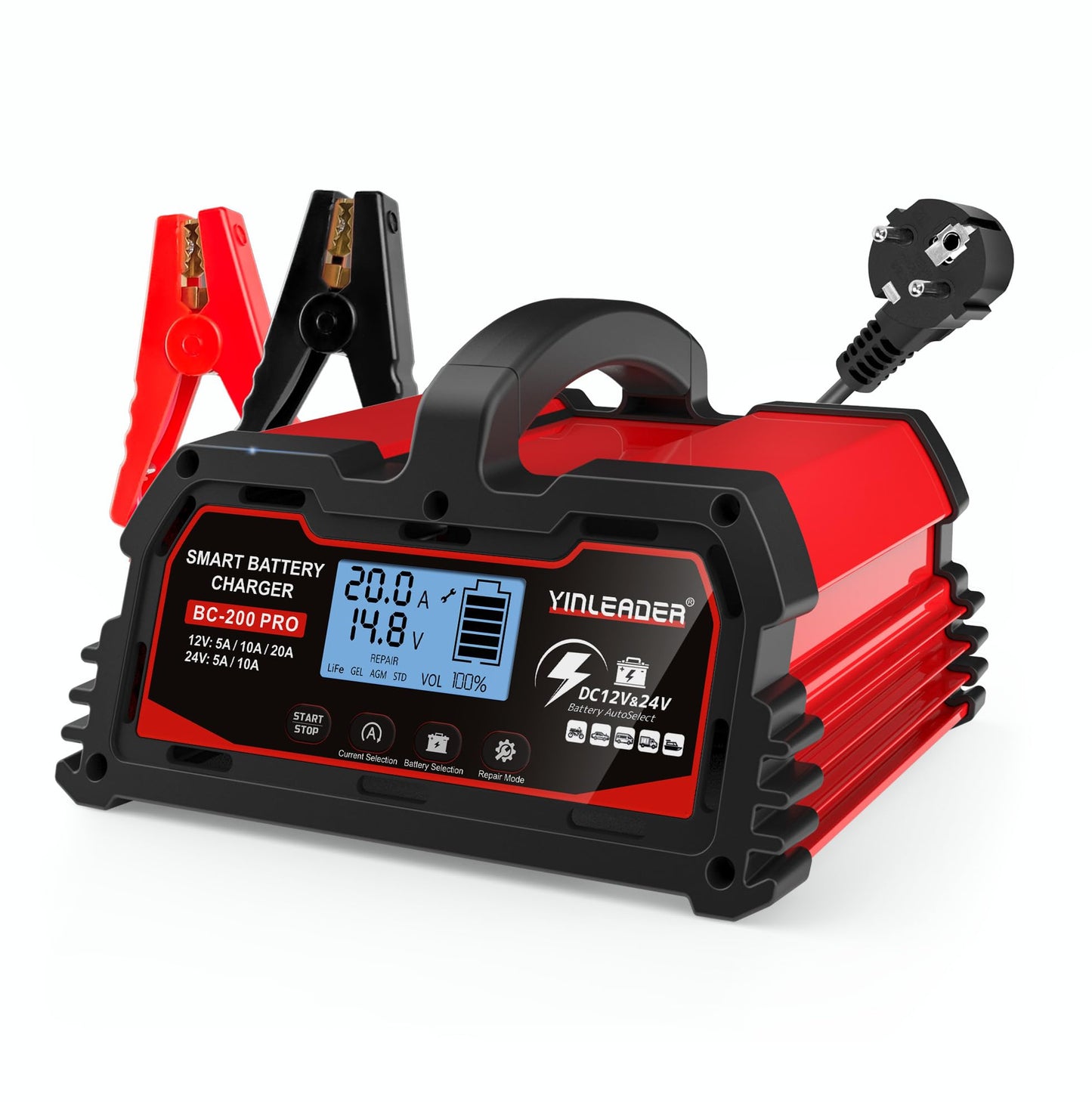 Auto akumulatora lādētājs 20A 12V/24V, pilnībā automātisks inteliģents uzturēšanas lādētājs ar LCD ekrānu, 12V LiFePO4 akumulatoru lādētājs