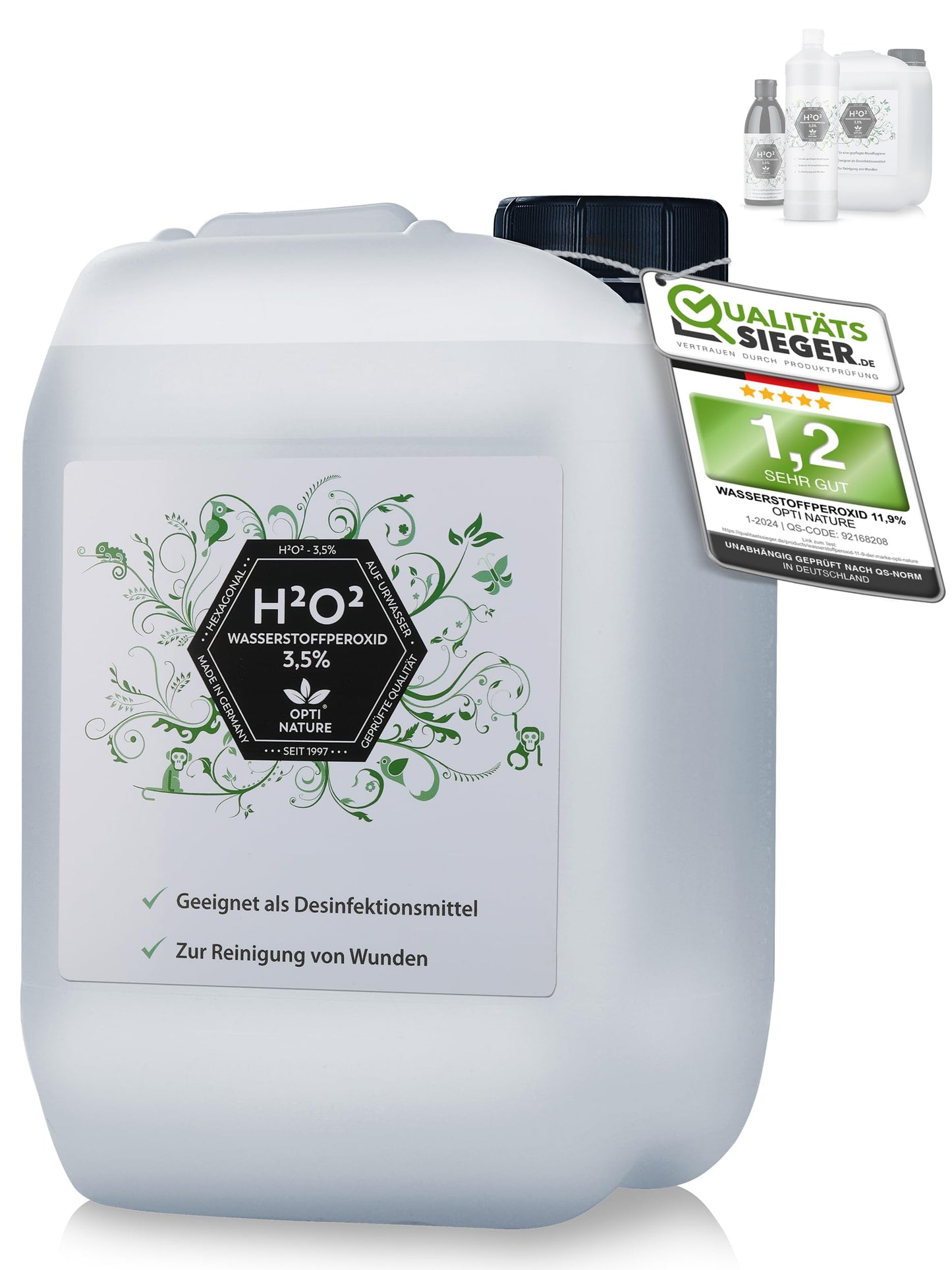 Ūdeņraža peroksīds 3,5% 5L / H2O2 0,25L-5L | OPTI NATURE H2O2, strukturēts sešstūrainais ūdens, Made in Germany s.1997