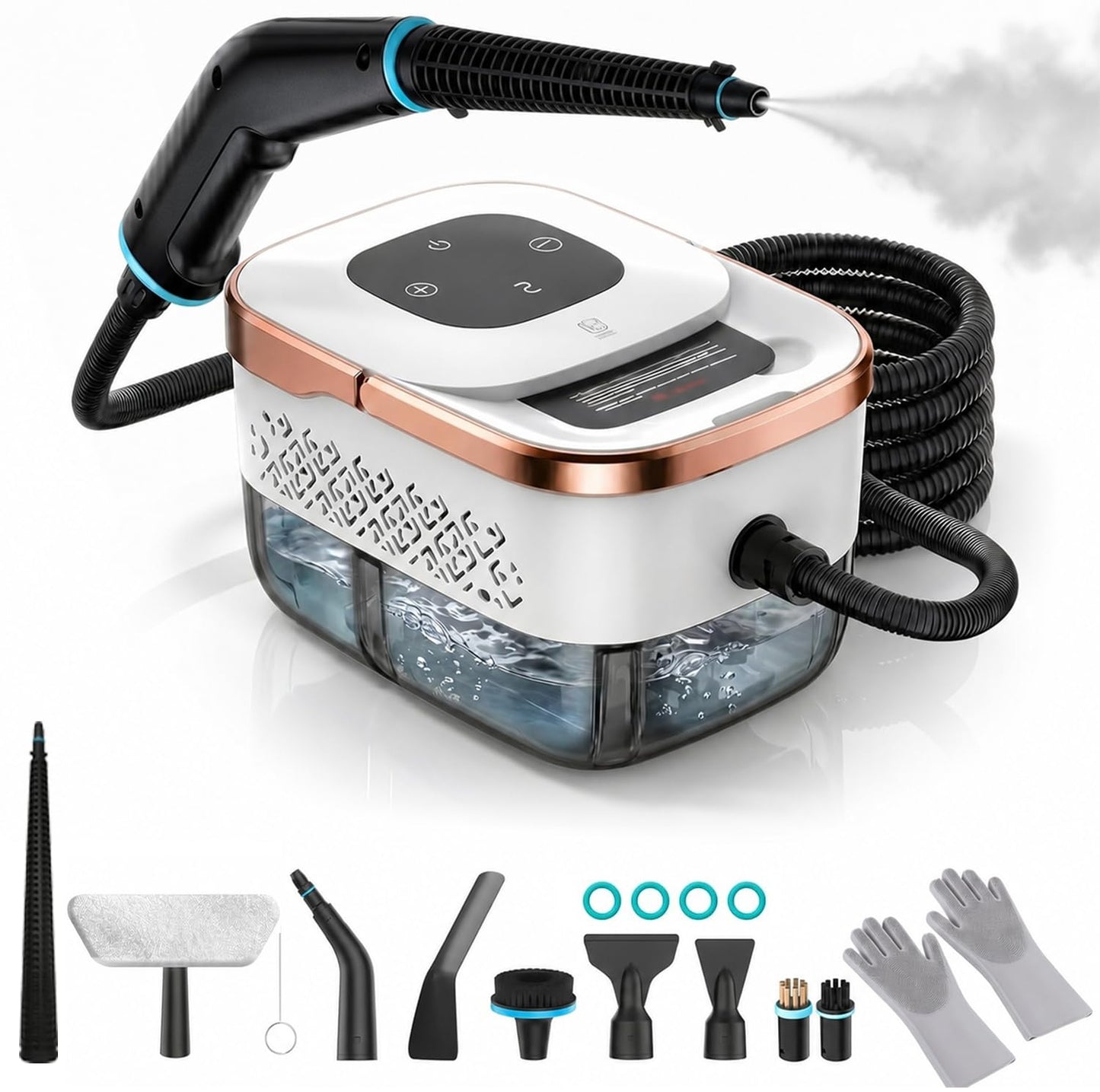 Rokas tvaika tīrītājs, 2500W rokas tvaika tīrītājs, 9 uzgaļi, 6 tvaika līmeņi, 1250 ML tvertne, 105℃ augsta temperatūra, 4 BAR augstspiediens, 15S uzsilšana, pārnēsājams tvaika tīrītājs auto, virtuvei, vannasistabai, polsteram