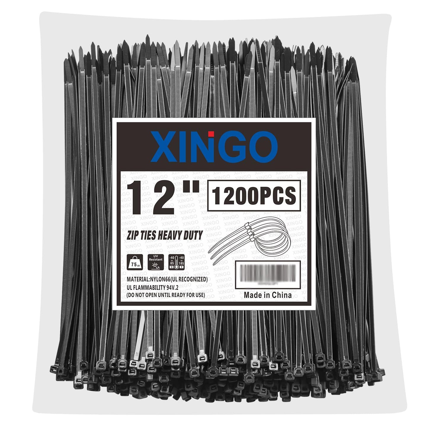 Kabeļu savilcēji XINGO, 1200 gab., melni, 300mm x 5.8mm, 34 kg stiepes izturība, UV izturīgi, pašfiksējoši, lietošanai iekštelpās un ārpus telpām