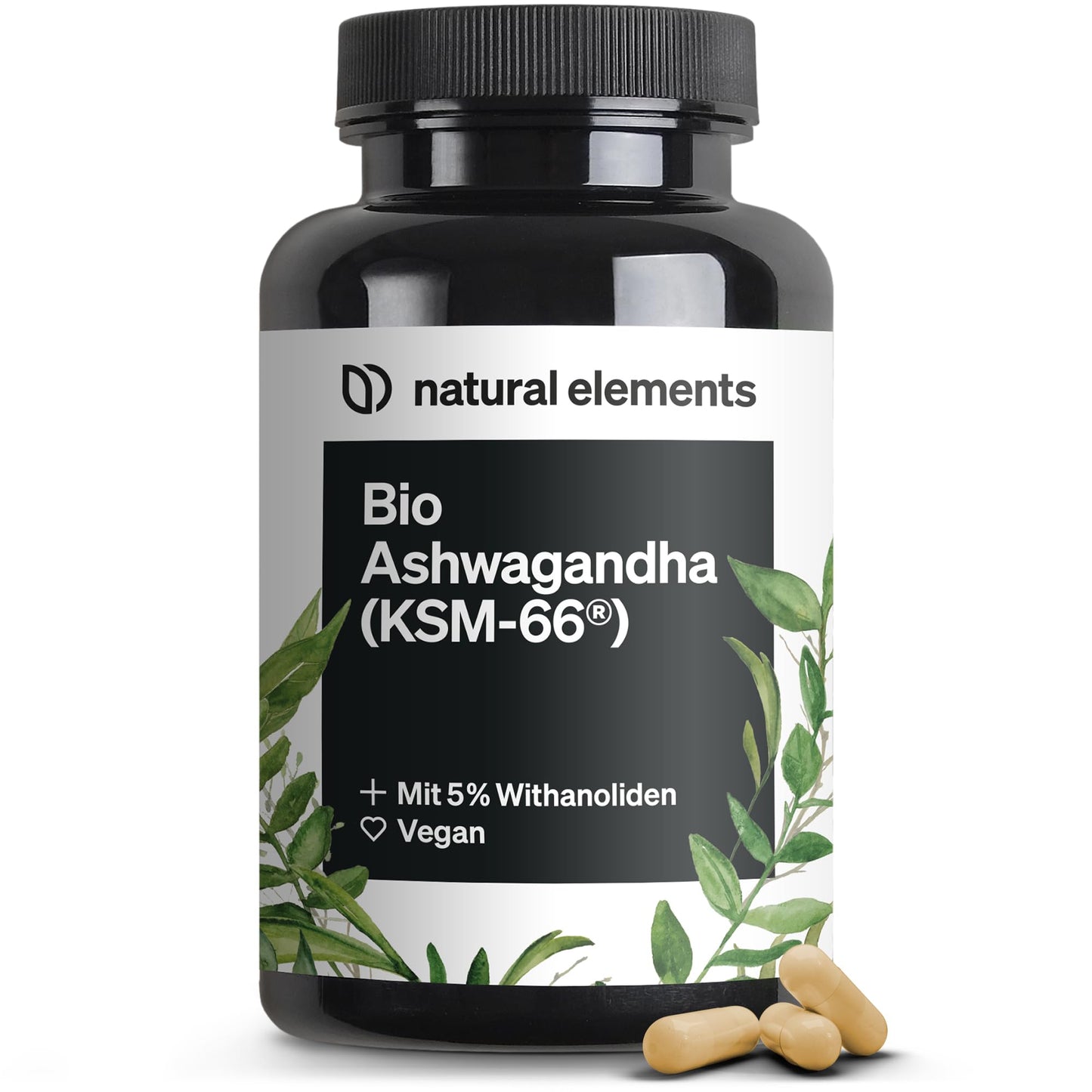Ašvaganda kapsulas natural elements Bio-Ashwagandha – KSM-66® premium izejviela, 180 kapsulas, 5% withanolīdu, laboratoriski pārbaudītas, vegāniskas